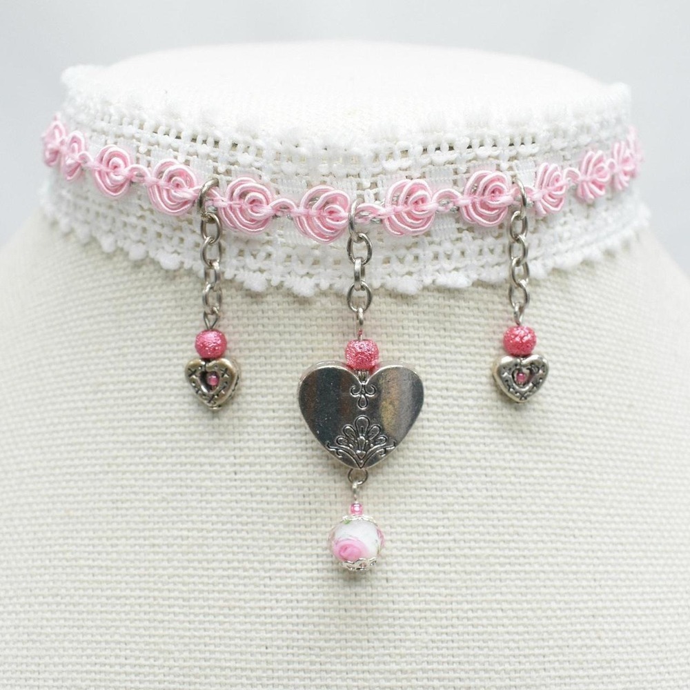 White Lace Heart Choker Necklace Pink Rosebud Y2K Cottagecore Coquette Kawaii